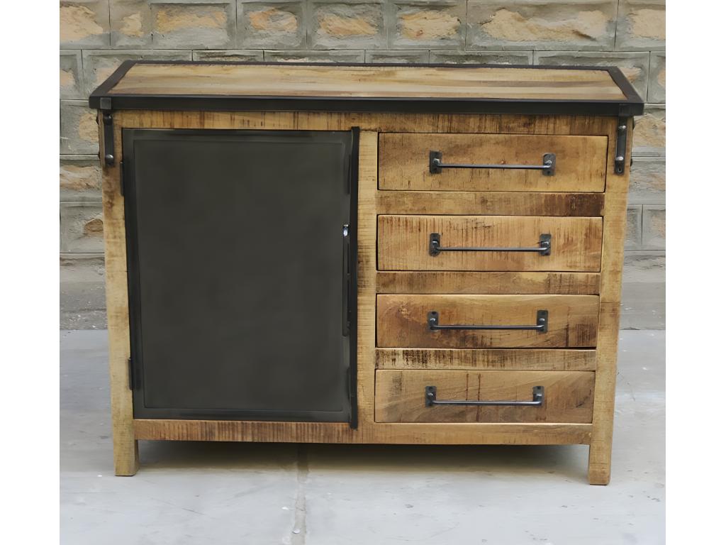 Buffet 1 porte en bois de manguier avec 4 tiroirs, marron