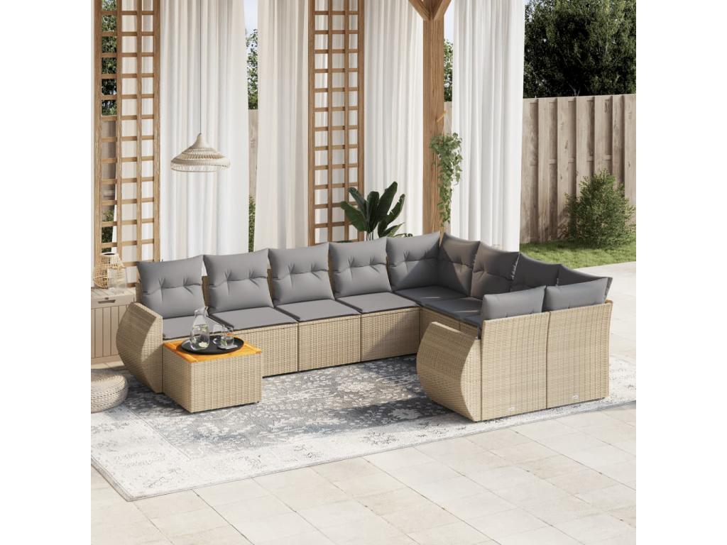 Ensemble de mobilier de jardin 10 pièces en résine tressée avec coussins, beige